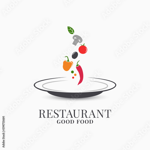 Restaurant plate logo . Plate on white, vegetables