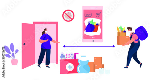 No Contact Home Delivery During Coronavirus.Delivery Food and Drug During Quarantine.Online Shopping.Delivery Manager in Mask Leaves Food and Water Near Door.Social Distance.Flat Vector Illustration