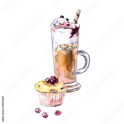 Ice cream glass, muffin cake with berries, cupcake