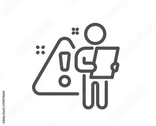 Search employee line icon. Interview warning sign. Caution alert symbol. Quality design element. Linear style search employee icon. Editable stroke. Vector