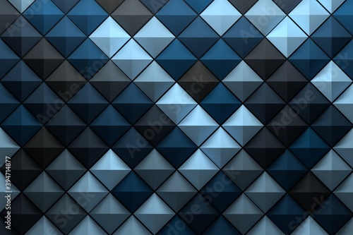 Pattern with low poly geometric pyramid tiles colored with random blue gray shades photo