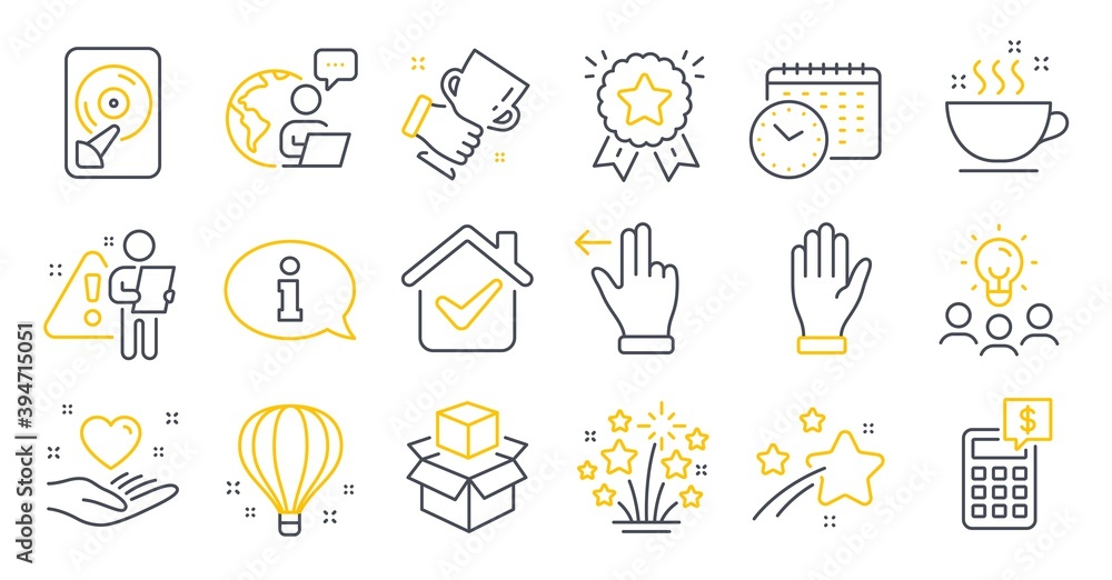 Set of Business icons, such as Packing boxes, Hdd, Business idea symbols. Hold heart, Calendar time, Touchscreen gesture signs. Fireworks stars, Coffee cup, Calculator. Information, Hand. Vector Set of Business icons, such as Packing boxes, Hdd, Business idea symbols. Hold heart, Calendar time, Touchscreen gesture signs. Fireworks stars, Coffee cup, Calculator. Information, Hand. Vector