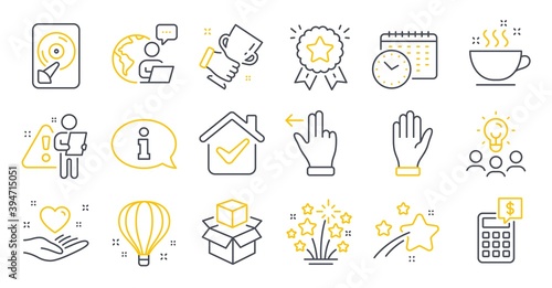 Set of Business icons, such as Packing boxes, Hdd, Business idea symbols. Hold heart, Calendar time, Touchscreen gesture signs. Fireworks stars, Coffee cup, Calculator. Information, Hand. Vector