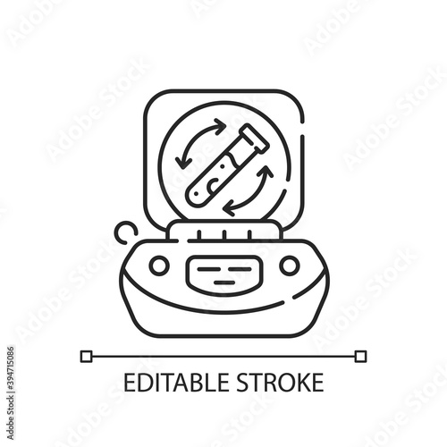 Lab centrifuge linear icon. Spinning vessel containing material at high speed. Liquid separation. Thin line customizable illustration. Contour symbol. Vector isolated outline drawing. Editable stroke