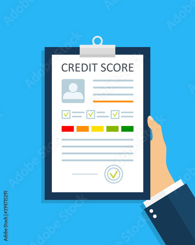 Credit score with report. Credit history with rate. Check personal finance document for loan. Business information with infographic in hand. Stamp of approve for debt or payment on paper. Vector