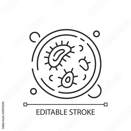 Petri dish linear icon. Shallow transparent lidded plate. Culturing bacteria and microorganisms. Thin line customizable illustration. Contour symbol. Vector isolated outline drawing. Editable stroke