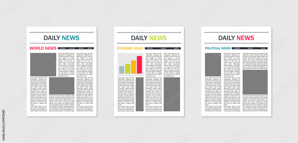Newspaper template. Mockup of news and magazines. Paper page of journal with article, column and headline. Tabloid in front for text. Design of layout for editorial press. Media content. Vector