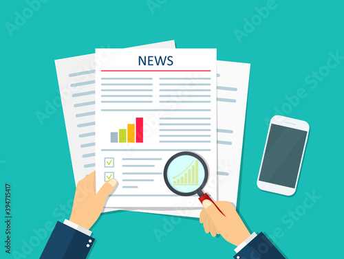 Newspaper icon. News wtih business analysis. Businessman research and read top news with glass. Latest data on paper. Page of daily press with announcements and graphs in hand. Office design. Vector