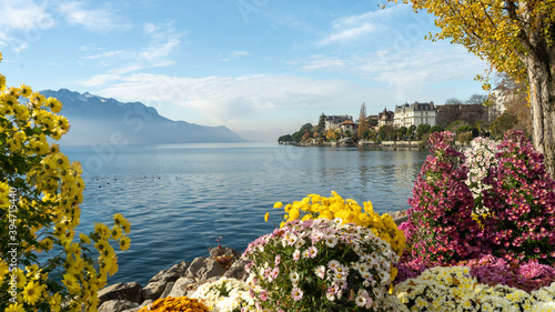 Stampa su tela The flower quay in Montreux, Switzerland.