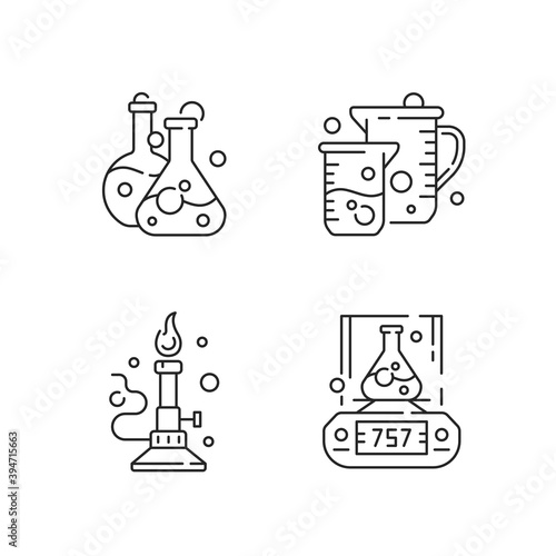 Lab tools linear icons set. Liquid volume measurement. Bunsen burner. Lab balance. Chemistry glassware. Customizable thin line contour symbols. Isolated vector outline illustrations. Editable stroke