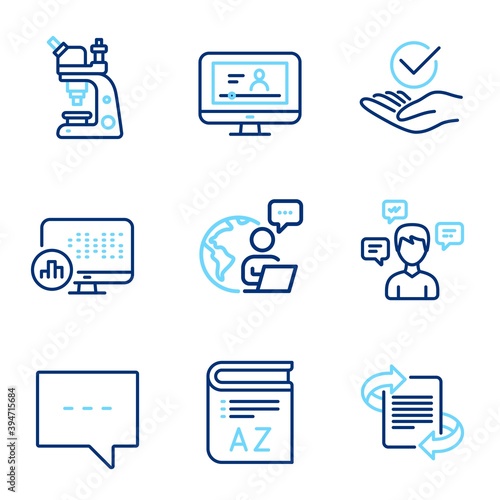 Education icons set. Included icon as Vocabulary, Online video, Blog signs. Approved, Microscope, Conversation messages symbols. Marketing, Report statistics line icons. Book, Video exam. Vector
