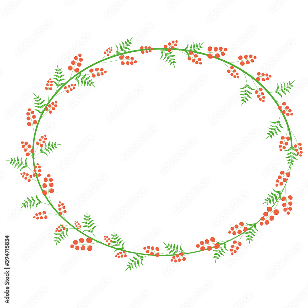 oval frame made of floral ornament with green leaves and red berries oval frame made of floral ornament with green leaves and red berries