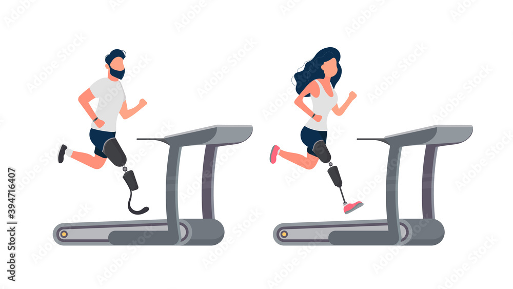 Set of people with prosthetic legs. A guy and a girl with prostheses are running on a treadmill. Isolated. Vector. Set of people with prosthetic legs. A guy and a girl with prostheses are running on a treadmill. Isolated. Vector.