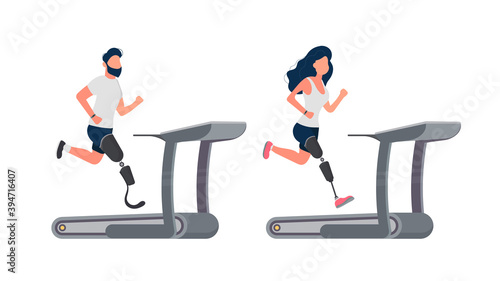 Set of people with prosthetic legs. A guy and a girl with prostheses are running on a treadmill. Isolated. Vector.