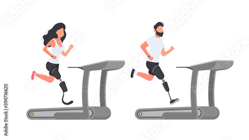 Set of people with prosthetic legs. A guy and a girl with prostheses are running on a treadmill. Isolated. Vector.