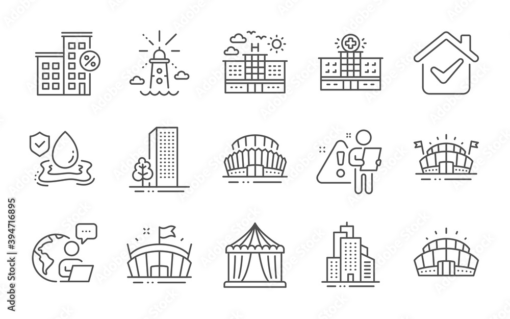 Buildings, Circus tent and Hospital building line icons set. Arena stadium, Skyscraper buildings and Lighthouse signs. Loan house, Hotel and Arena symbols. Sports stadium, Flood insurance. Vector