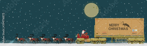Santa Claus and his reindeer are traveling among falling snow.