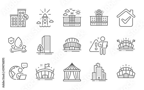 Buildings, Circus tent and Hospital building line icons set. Arena stadium, Skyscraper buildings and Lighthouse signs. Loan house, Hotel and Arena symbols. Sports stadium, Flood insurance. Vector