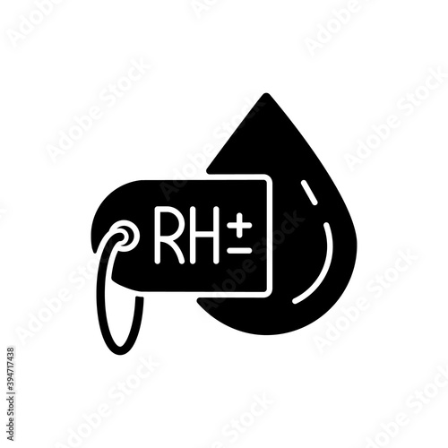 Blood group test black glyph icon. RH factor type determination. Medical analysis. Clinical fluid diagnostic. Healthcare checkup. Silhouette symbol on white space. Vector isolated illustration