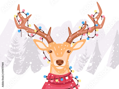Deer in sweater. New Year, Christmas Holiday. Winter forest background. Funny cute cartoon character for kids. Realistic design. Vector illustration. Flat eps10. Gerland lights on the horns.