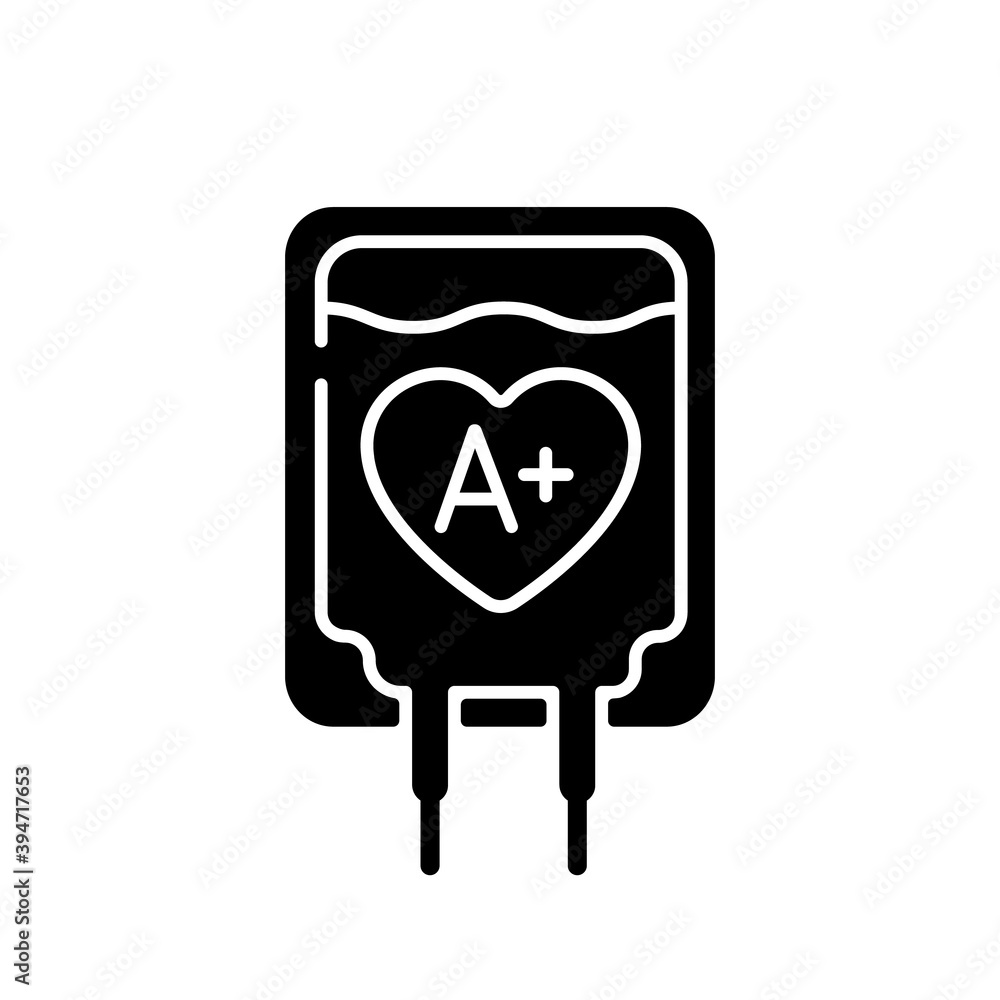 Obraz premium Blood donation black glyph icon. Healthcare charity campaign. Volunteer to aid against disease. Medical help. Donor for patient. Silhouette symbol on white space. Vector isolated illustration