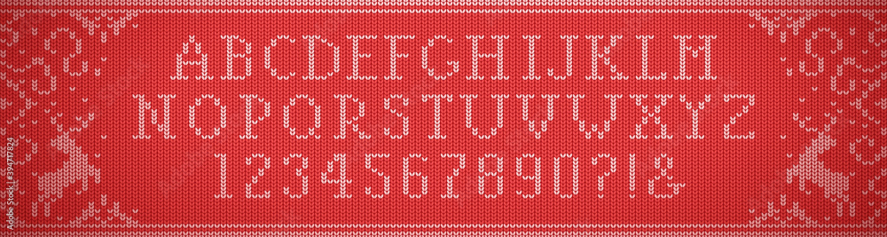 Knit font. Full alphabet. English language. Latin letters. Red color. Vector illustration. Realistic knitted woolen cloth texture. Christmas sweater. New Year background. Winter Holiday. Flat style. Knit font. Full alphabet. English language. Latin letters. Red color. Vector illustration. Realistic knitted woolen cloth texture. Christmas sweater. New Year background. Winter Holiday. Flat style.
