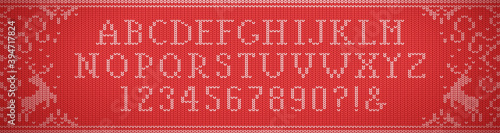 Knit font. Full alphabet. English language. Latin letters. Red color. Vector illustration. Realistic knitted woolen cloth texture. Christmas sweater. New Year background. Winter Holiday. Flat style.