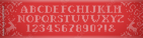 Knit font. Full alphabet. English language. Latin letters. Red color. Vector illustration. Realistic knitted woolen cloth texture. Christmas sweater. New Year background. Winter Holiday. Flat style.