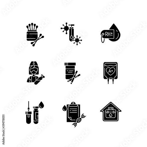 Medical diagnosis black glyph icons set on white space. Clinical examination. Chemical laboratory checkup. Blood test. Polymerase chain reaction check. Silhouette symbols. Vector isolated illustration