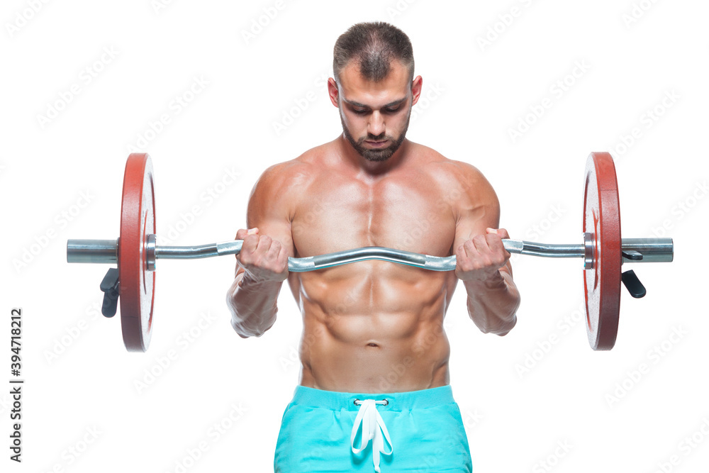 Front view of a strong man bodybuilder lifting a barbell isolated on white background Front view of a strong man bodybuilder lifting a barbell isolated on white background