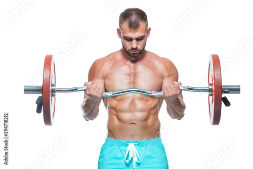 Front view of a strong man bodybuilder lifting a barbell isolated on white background