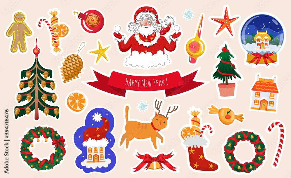 New Year and Christmas Sticker Vector illustration set for kids in cute cartoon style. Collection with Santa, Snow Ball, Christmas tree, Bauble, Gingerbread man, Golden Bells, Candy Sock, Cat deer New Year and Christmas Sticker Vector illustration set for kids in cute cartoon style. Collection with Santa, Snow Ball, Christmas tree, Bauble, Gingerbread man, Golden Bells, Candy Sock, Cat deer