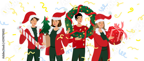Christmas People with gifts and purchases. Sale promotion banner with happy people in festive costumes and Santa Hats. New Year or Christmas sales holiday poster. Vector illustration on white