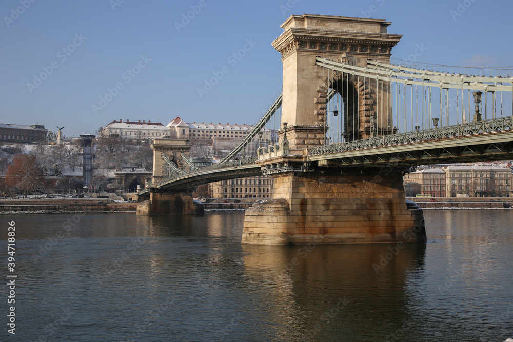 View of the chain bridge and the Danube river in Budapest in winter. December, christmas, new year.