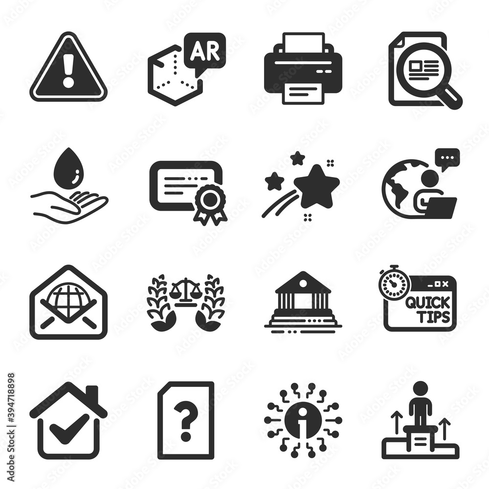 Set of Business icons, such as Court building, Justice scales, Check article symbols. Printer, Water care, Info signs. Web mail, Quick tips, Unknown file. Augmented reality, Certificate. Vector Set of Business icons, such as Court building, Justice scales, Check article symbols. Printer, Water care, Info signs. Web mail, Quick tips, Unknown file. Augmented reality, Certificate. Vector