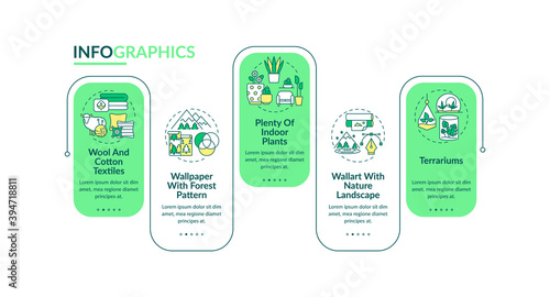 Biophilia in interior design vector infographic template. Natural house decor presentation design elements. Data visualization with 5 steps. Process timeline chart. Workflow layout with linear icons