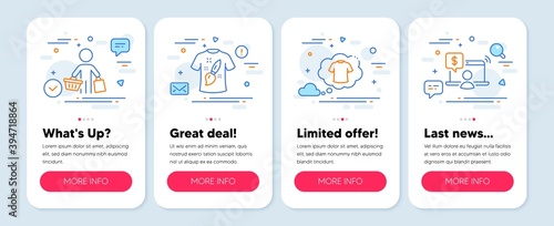 Set of Fashion icons, such as Buyer, T-shirt design, T-shirt symbols. Mobile screen banners. Online shopping line icons. Shopping customer, Painting, Laundry shirt. Internet buying. Vector