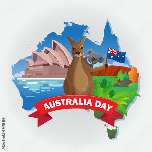 Australian day greeting card with kangaroo and koala