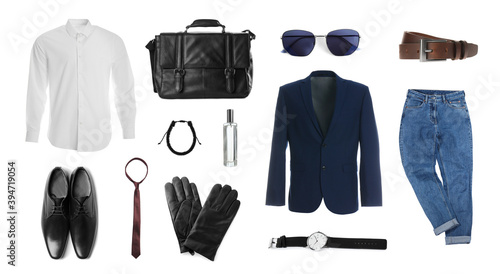 Stylish men's outfit. Collage with modern clothes, gloves and other accessories on white background, banner design