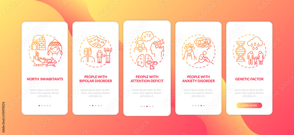 Fototapeta premium SAD risk groups onboarding mobile app page screen with concepts. Genetic factor, anxiety disorder walkthrough 5 steps graphic instructions. UI vector template with RGB color illustrations