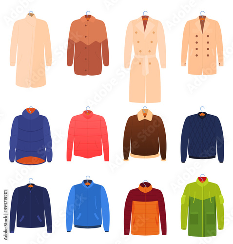 Men s and women s outerwear  jackets  raincoats  winter jackets  isolated vector illustration