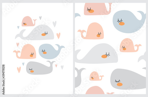 Cute Nursery Vector Illustration and Seamless Pattern with Lovely Whales. Pink, Gray and Blue Whales Isolated on a White Background. Simple Ocean Life Print ideal for Card, Fabric, Baby Shower Decor.