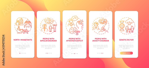 SAD risk groups onboarding mobile app page screen with concepts. Genetic factor, anxiety disorder walkthrough 5 steps graphic instructions. UI vector template with RGB color illustrations