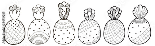 Set of black and white abstract pineapples. Isolated patterned tropical fruit. Contour clip art of doodles for coloring book, menu, logo, sticker, DIY project. Monochrome ananas. Vector.