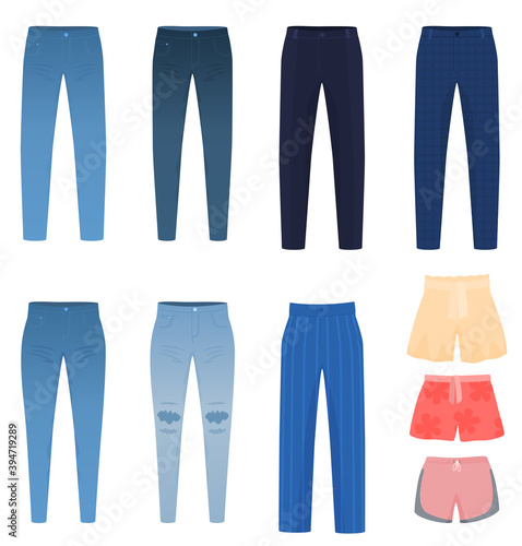 Jeans, pants, shorts, men's and women's pants. Isolated vector illustration