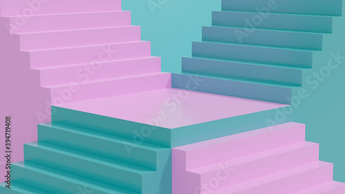 3d render of pink and blue stairs in pastel colors. Minimal scene for product presentation