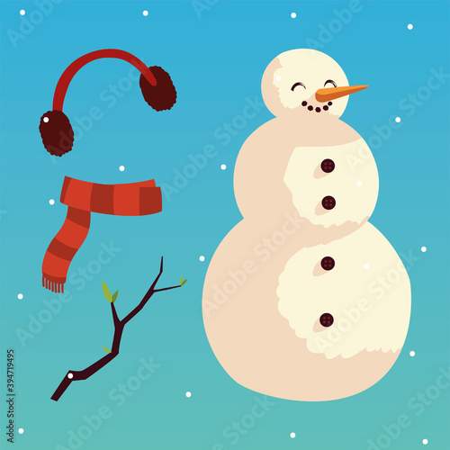 christmas snowman earmuffs scarf and branch snow background