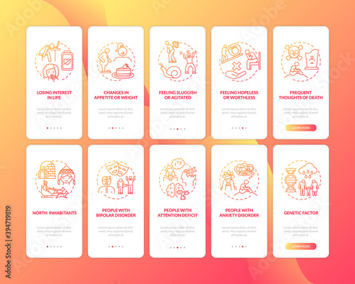 Seasonal affective disorder signs onboarding mobile app page screen with concepts set. Mental disorders walkthrough 5 steps graphic instructions. UI vector template with RGB color illustrations