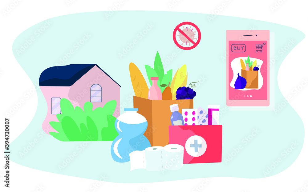 No Contact Home Delivery During Coronavirus.Delivery Food and Drug During Quarantine.Online Shopping. Leaves Food, Toilet Paper and Water Near Door.Social Distance.Flat Vector Illustration