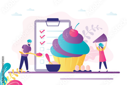 Two pastry chef decorate big cupcake. Professional confectioner chefs. Cute woman in uniform. Male character holds spoon